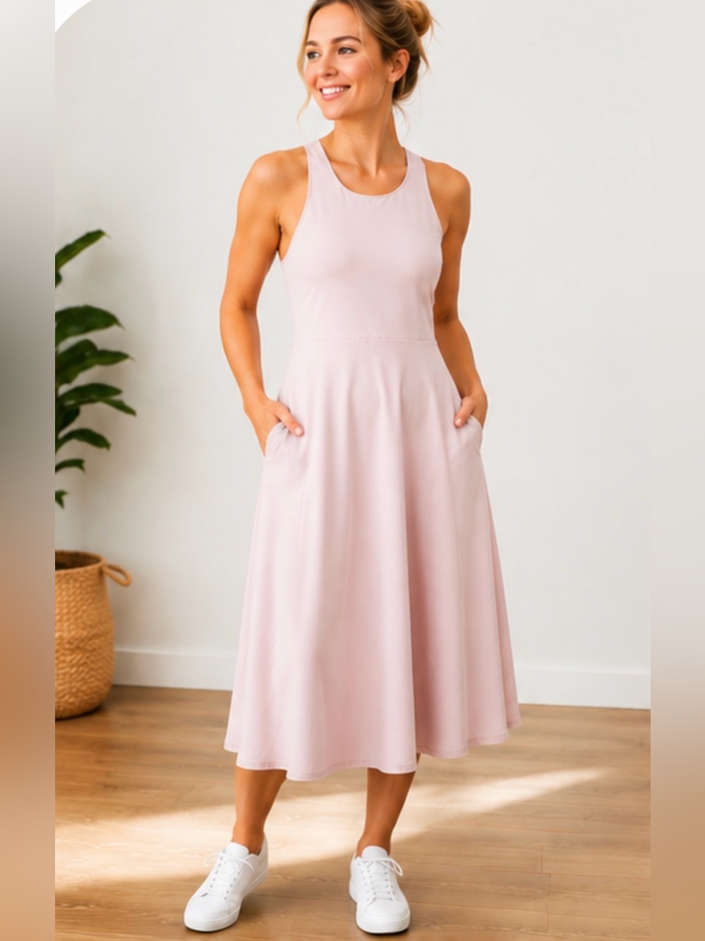 Athleta Blush Pink Sleeveless Racerback Midi Dress with Pockets